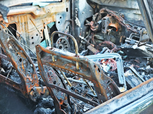 A Completely Burnt Out Car That I Saw After Coming Home From The Gym. Looks As If Someone Threw A Molotov