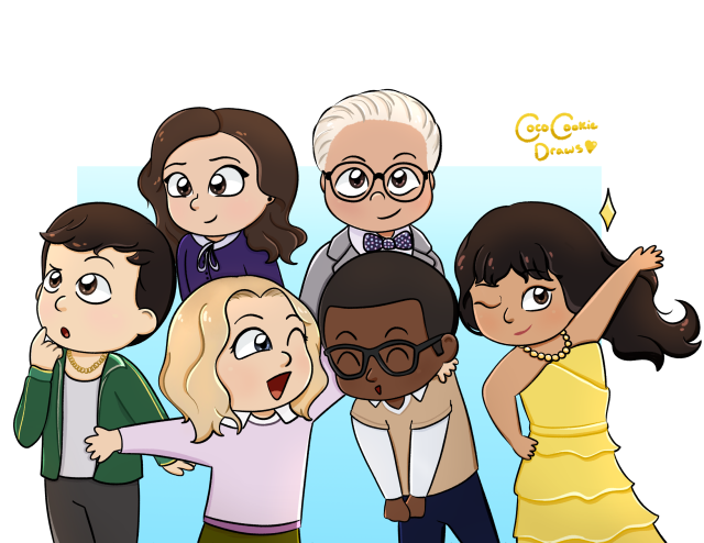 Eleanor, Chidi, Tahani, Jason, Janet, and Michael from the Good Place are in a group shot, and they look like chibis. Eleanor and Chidi are hugging and laughing, Jason is looking off into the distance confused, Janet is gazing at him with a smile, Tahani is posing, and Michael is looking up at the front, a cheeky smile on his face.