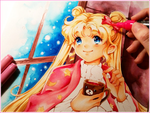 Usagi Tsukino with a hot cup of tea *^__^*Tools:Sakura Micron multiliner &ldquo;Sepia&rdquo;Copic Ma