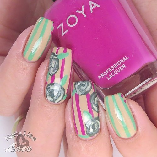 A stripes and roses mani using @zoyanailpolish Taylor, Jacqueline, Evvie, Reagan, and Ness. @digital