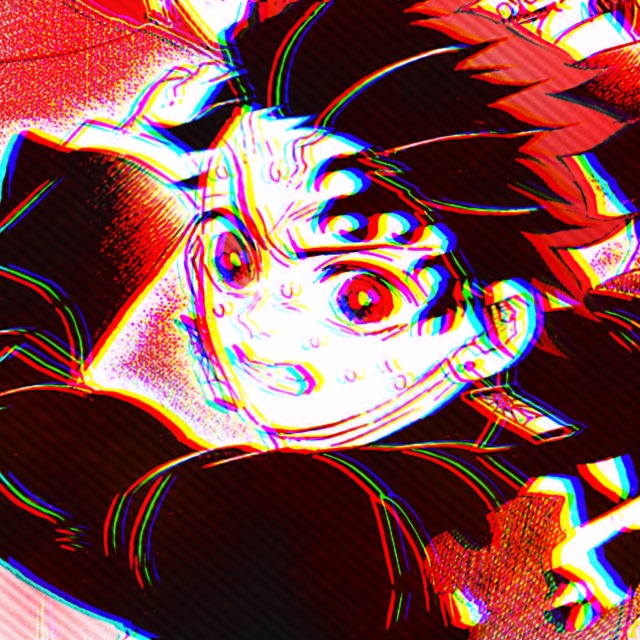 an icon of tanjiro from demon slayer manga. it has a red and orange overlay. he is facing the viewer and readying his sword to swing.