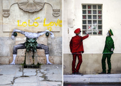 wordsnquotes:  culturenlifestyle:  Eccentric Graffiti Installations on the Street of Paris Paris based artist Charles Levalet began his project “Levalet” in 1988, his graffiti creations composed of wheat paste dominating the nondescript streets. Keep