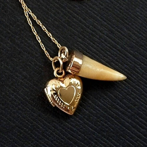 Antique Victorian Tooth Pendant Charm, 10K Gold Heart LOCKET Charm Hallmarked, 14K Gold CHAIN, Talis