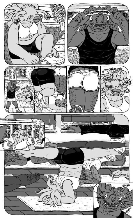 Here is a page from the first of three stories in the new fitness themed erotic monster comic Junque