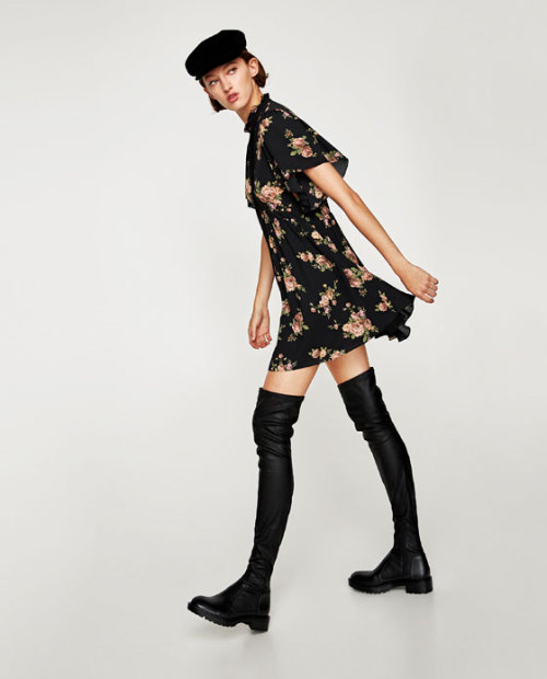 Zara mini dress with bow, and flat over-the-knee boots