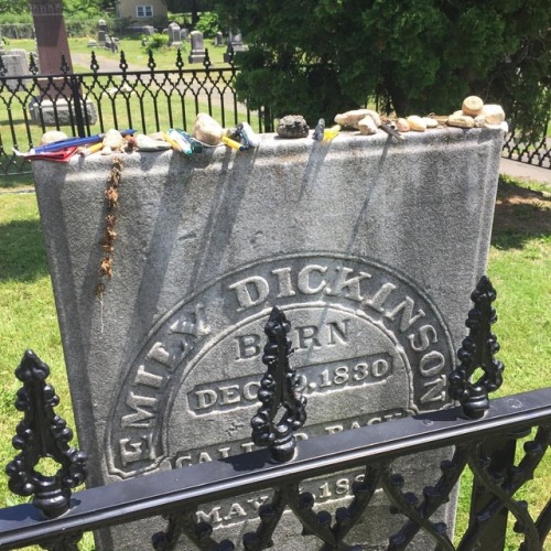goblinfruit:Emily Dickinson’s grave. People have left offerings of pens, little stones, bottle