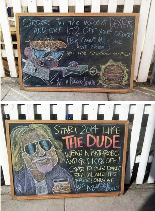 tastefullyoffensive:How to Get 10% Off Your Order at Not a Burger Stand in Burbank, CAChalk art by L
