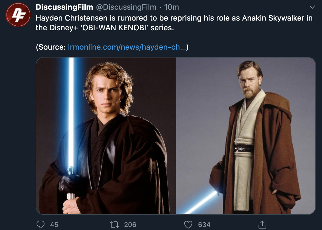 Hayden may be coming back as Anakin!