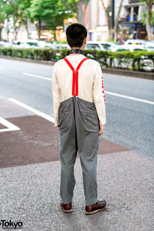 tokyo-fashion:  17-year-old Hikaru on the street in Harajuku wearing a Walter Van Beirendonck x Comme Des Garcons “Demand Beauty” t-shirt, UNIQLO pants with suspenders, Red Wing boots, and a duct tape choker. Full Look