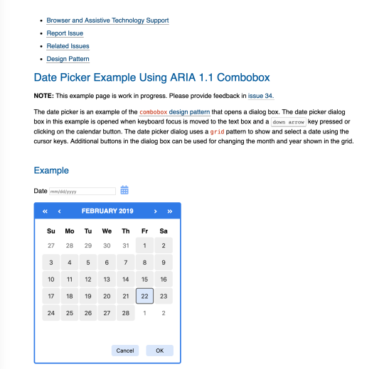 Date Picker Example Using ARIA 1.1 Combobox