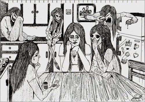 bloodsamobojcow:  En la esquina, sentada sobre el mueble de la cocina está la depresión.