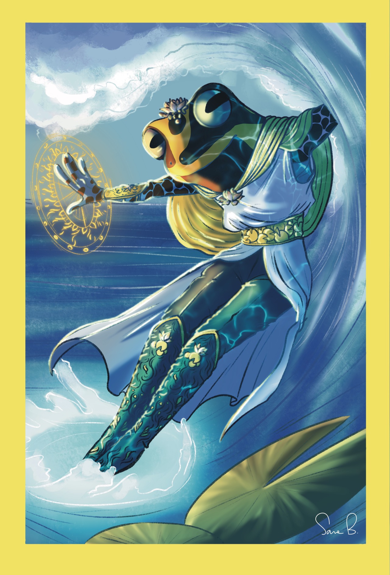 July |Sorcerer Frog Lydia, the frog sorcerer, gliding on a very ocean looking  frog is part of a 12 