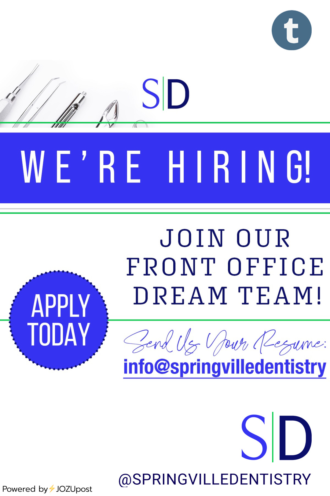 Springville Dentistry is pleased to announce we are looking for an amazing person to join our front office team. Are you looking to be part of the best dental office in Utah County?
Apply today by sending us your resume to...