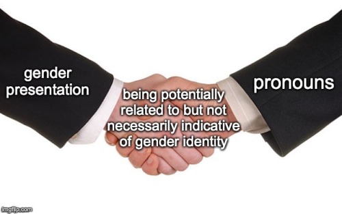 raavenb2619:[ID: The business handshake meme. A person on the left, labelled “gender presentation”, shakes hands with a person on the right, labelled “pronouns”. Their hands are labelled “being potentially related to but not necessarily indicative of gender identity”. End ID] 
