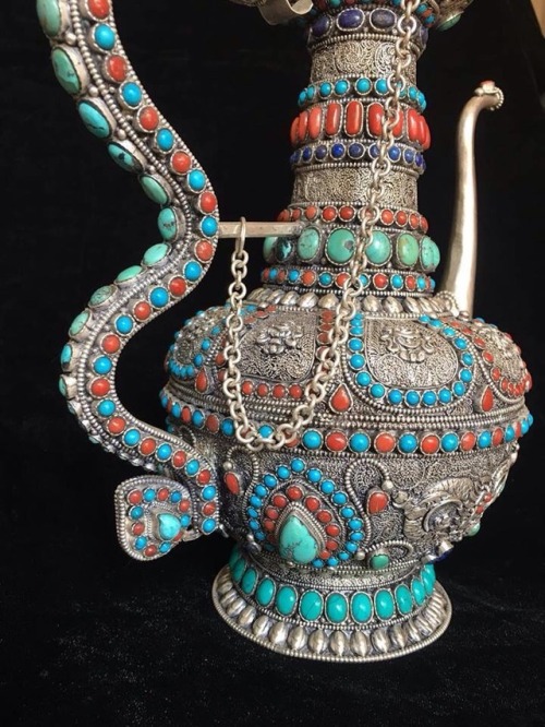 Masterpiece Nepalese Pure Silver Dragon Teapot with Gem Inlay of Lapis, Coral & Turquoise For mo