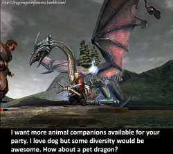 dragonageconfessions:  CONFESSION:I want more animal companions available for your party. I love dog but some diversity would be awesome. How about a pet dragon?  Does this scenario have griffons in it?