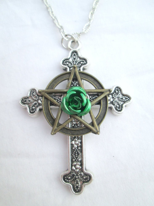 Emerald Green Rose Christo-Pagan Pentacle Cross Necklace