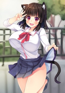 オリジナル、asa no ha、高解像度、ヴィ、スカート、ショートヘア、スカートリフト、v over eye、一人、乳、女一人、学校制服、尻尾、巨乳、牙、猫耳、獣耳、笑顔、茶髪、赤目、赤面、開口
