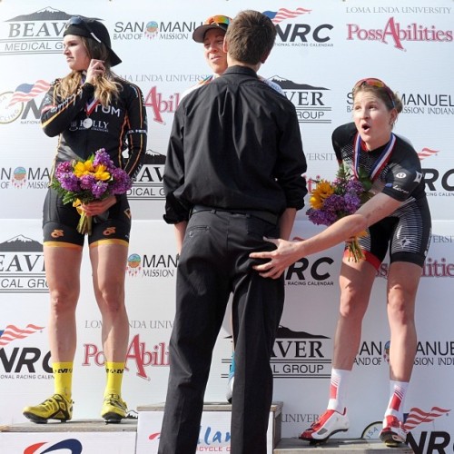cyclivist: via rollsinto1:  Loren Rowney does her best Sagan impression at Redlands. (Via @johnvalen