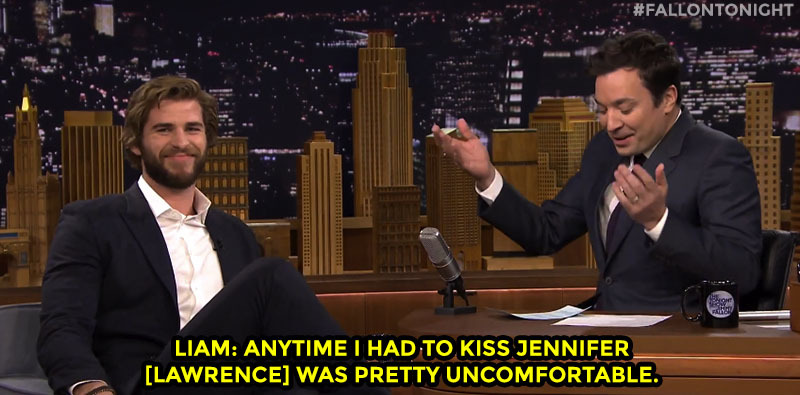 fallontonight:  Liam Hemsworth weighs in on his Mockingjay kissing scenes with J-Law!