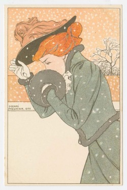 heaveninawildflower:&lsquo;Walking in the Snow&rsquo; (1900) by Henri Meunier ( 1873–1922), Publisher 	Dietrich et CieImage and text courtesy MFA Boston.