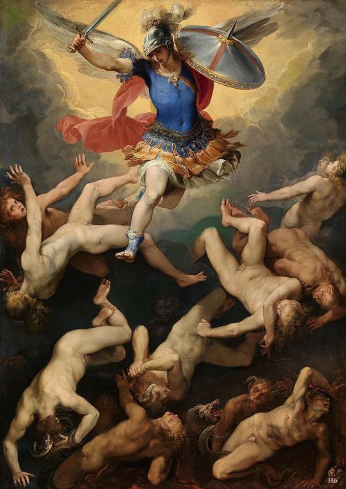 hadrian6:  The Archangel Michael and the Rebel Angels.  1592-93.Giuseppe Cesare. Italian 1568-1640. oil/tin leaf or copper.http://hadrian6.tumblr.com