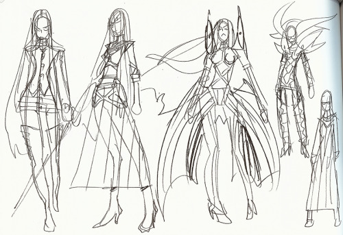 h0saki:  Initial designs of Satsuki by Sushio and Shigeto Koyama from The Art of KlK Vol 1. In the second pic (by Koyama) Satsuki looks a lot like Ryuko, pretty cool actually. And damn trench coat Satsuki is still best Satsuki.  