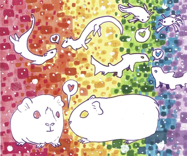 a rainbow illustration with four pairs of animals in love: guinea pigs, sharks, otters, and axolotls