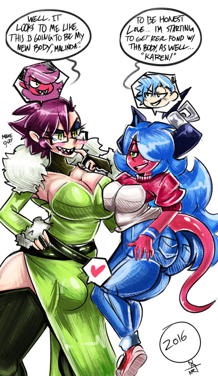   this is a crossover i did with @da-fuzewith karen and her OC malinda swap bodies… this is just a random doodle i did. and it is not canon im afraid, xD but still like to swap these two around very much. also support my friend fuze, his computer