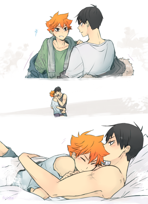 fantakoi:  warming each other up, or: cold hands? not for long (for @kagehinaexchange - dear no. 12, you requested some wintery kagehina cuddles. this is for you!! ♡) 