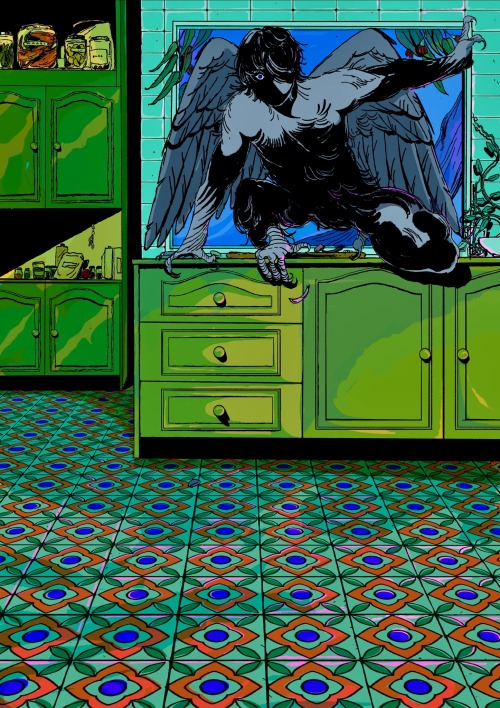 A digital artwork of a kitchen in which a winged humanoid figure is perched at the window. The kitchen is tiled in red, blue, and green in what resembles a floral pattern. The kitchen is rendered in shades of green. The sky and the figure are rendered in shades of blue. 