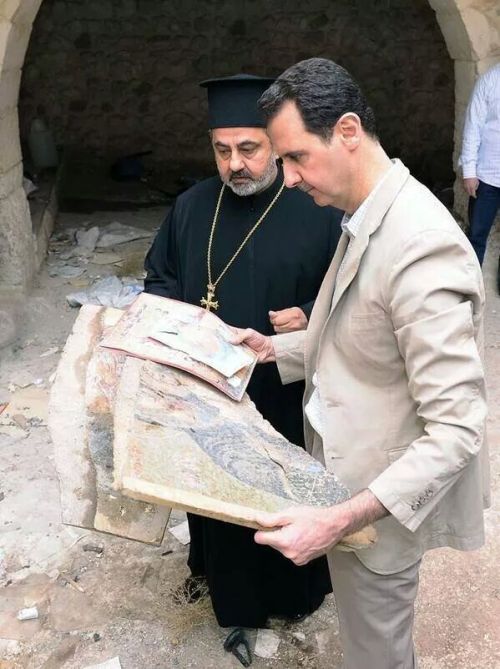 speciesbarocus:Bashar al-Assad visiting St. Thecla Monastery in Maaloula, after it has been destroye