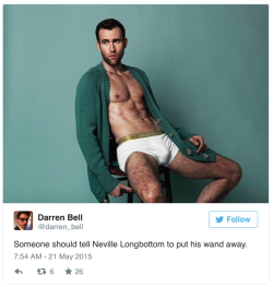 micdotcom:  J.K. Rowling had the best reaction to Neville Longbottom’s underwear shoot In a cover shoot for Attitude magazine, actor Matthew Lewis stripped down to his underwear and revealed impressive pecs and abs, with what looks like a majestic