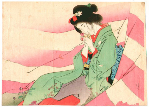 Bijin in pink and white curtain by Kiyokata Kaburagi, 1903