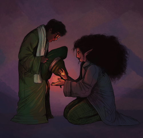 quakgrass:[image description: a digital illustration of taako and angus from the adventure zone on a