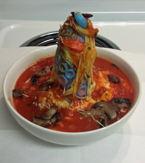 Today’s dish: Pasta with mozzarella strips, marinara/salsa sauce, fried mushrooms, a touch of 