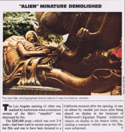 70sscifiart:Space Jockey miniature from ‘Alien’ “set ablaze by vandals” after the film’s premiere at the Egyptian, 1979, via this great Twitter account:   @WeAreTheMutants  