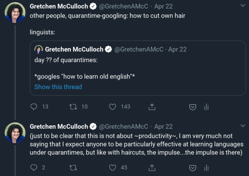 allthingslinguistic:other people, quarantime-googling: how to cut own hairlinguists:day ?? of quaran