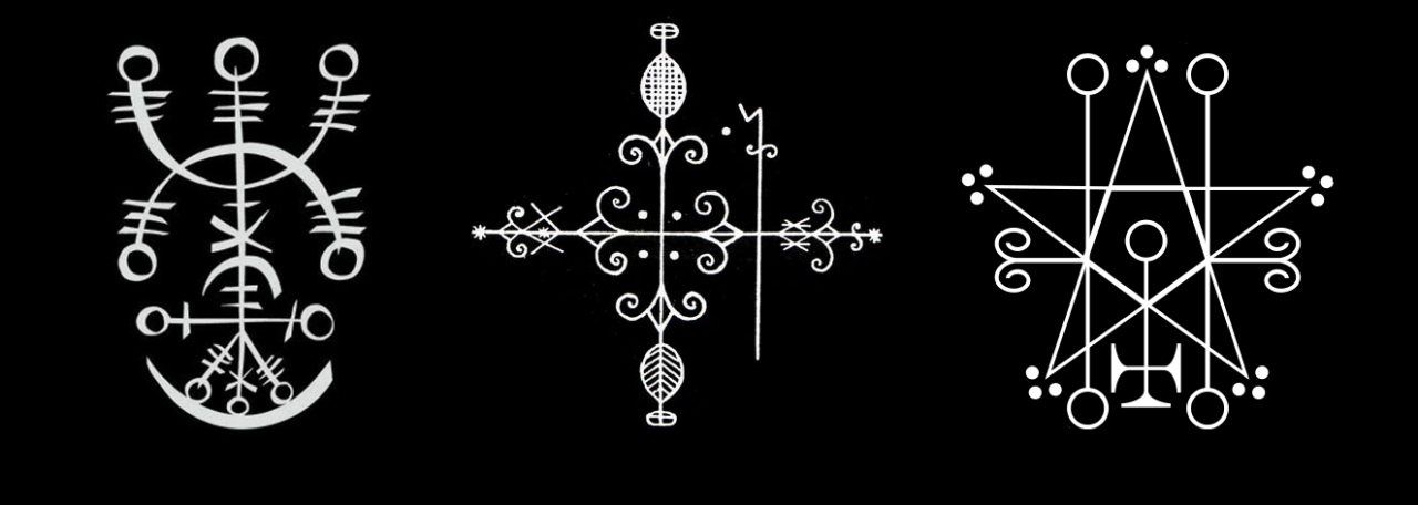 talisman:  From left to right: Icelandic magical staff, vodou veve, goetic sigil.