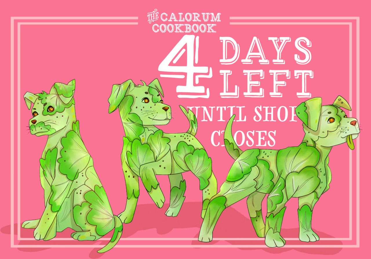 👑 4 DAYS LEFT 👑There are only four days left until our shop closes! These adorable Jack Brussel Terriers drawn by Noa @mxcosmic are hoping you’ll remember to grab your own bundle before time runs out![ID: A pink graphic with the text that reads “4 days left until shop closes.” The four is emphasized in size. Underneath is a drawing of three Jack Russel Terriers, whose fur is now made of brussel sprout leaves. The terrier to the far left sits on his hind legs with his front paws crossed. His expression is slightly smug. The terrier in the middle is standing with one front paw in the air, its tail is mid wag. It has a happy expression. The last terrier stands at attention, looking up and towards the right. It’s tongue, also a leaf, is sticking out from the side. There is a light pink border around the photo with text reading ‘The Calorum Cookbook’ at the top of the graphic. END ID.] #dimension 20 #a crown of candy #fanzine