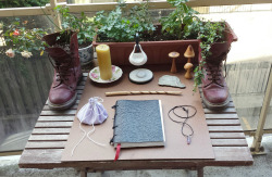 acollectionofspells:  crimegrampa:  my garden altar all set up 🍃🌱🍃  omg please tell me about your boot planters! Are you growing some magic in there?