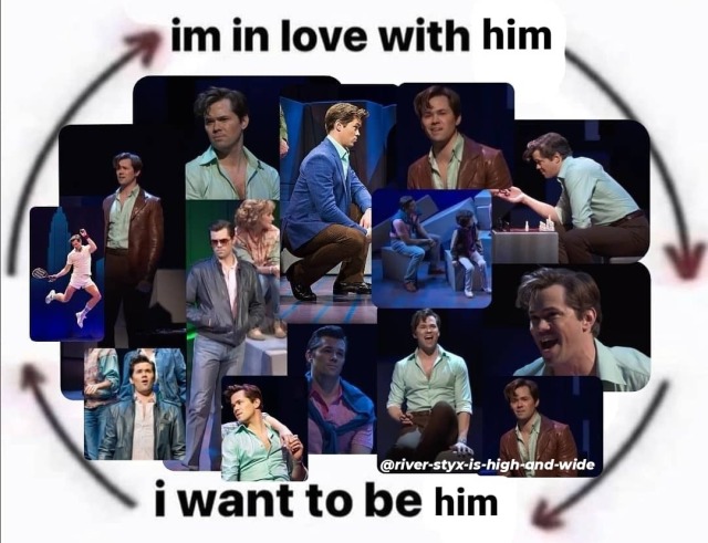 an edited facebook meme that has multiple images of andrew rannells as whizzer brown, with the words "i love him -> i want to be him ->" written around it, as though it was a cycle between the two.