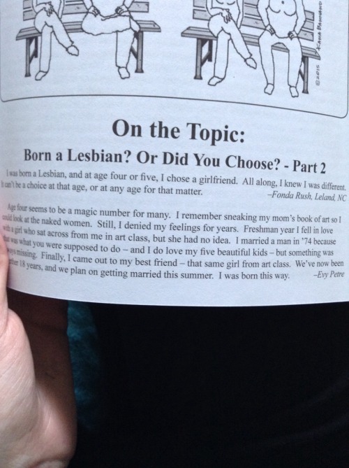 theestuaryandthesea: officiallesbians: I got the new issue of lesbian connection and this was a topi