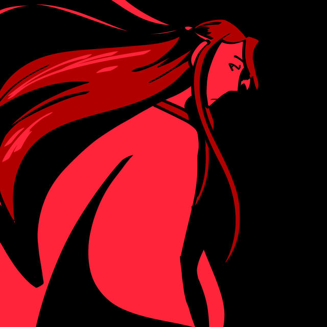 A digital drawing of the Yiling Patriarch. The drawing is done in bright red with heavy black shading. Wei Wuxian has his back turned, and he's looking over his shoulder thoughtfully.