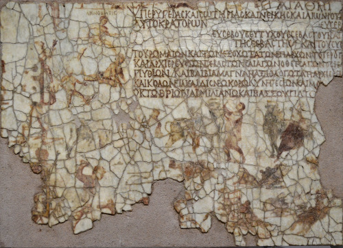 greek-museums:Museum of the Roman Forum (Thessaloniki):Encaustic(?) painting on a marble slab that a