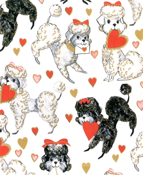 thegroovyarchives:Vintage Poodles & Hearts Wrapping Paperfrom All Wrapped Up! Groovy Gift Wrap o