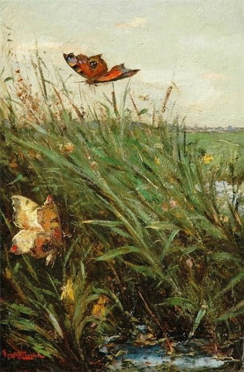 huariqueje:Butterflies in reeds  -  Franciscus Willem ‘Franz’ HelfferichDutch, 1871-1941Oil on panel