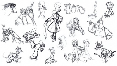 Character panels of animation drawings of classic Disney characters