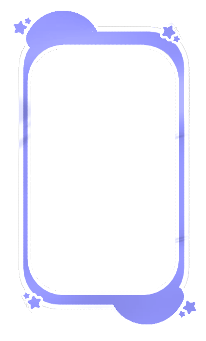 A violet rectangular frame with blob-shapes and stars and a white outline