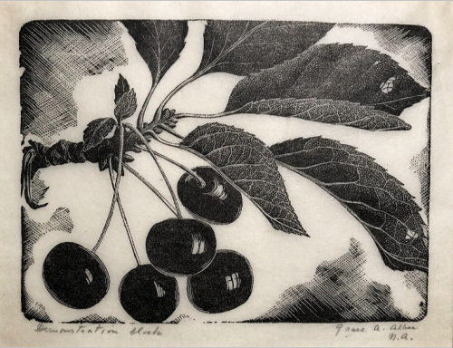 ein-bleistift-und-radiergummi: Grace Albee Woodcut ‘Cherries’ 1955. (via worthpoint